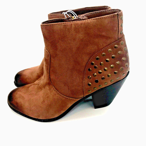 Sam & Libby Womens LARA Ankle Bootie Distressed Cognac Zip Boot Studs Sz 9.5 NEW - Picture 1 of 6